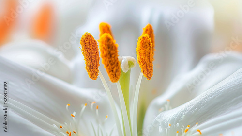 A macro shot of a lily's stamen and pistil, with the surrounding white petals slightly out of focus.