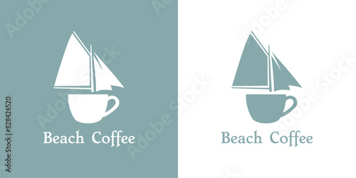 Logo beach bar. Silueta de taza de café con velas de barco velero