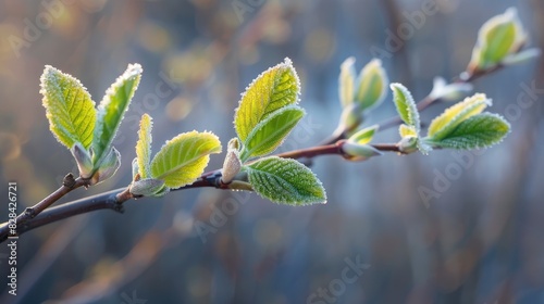 Salix babylonica showcasing fresh green leaves in a public park during the late winter season photo