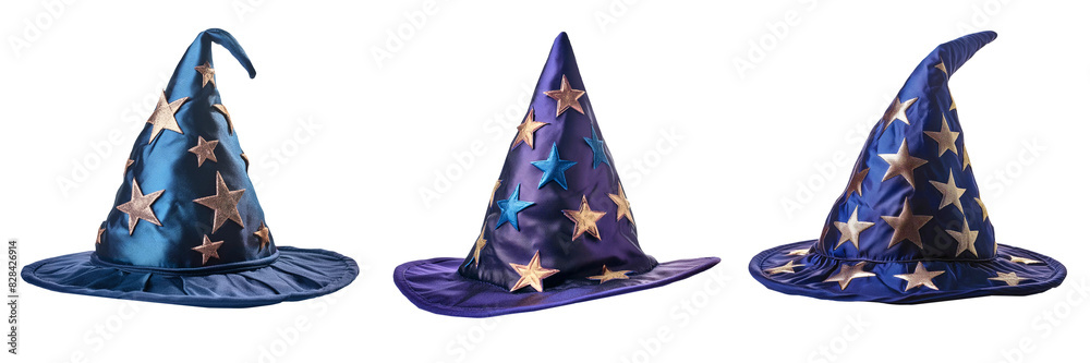 Obraz premium Blue wizard hats with stars isolated on transparent background