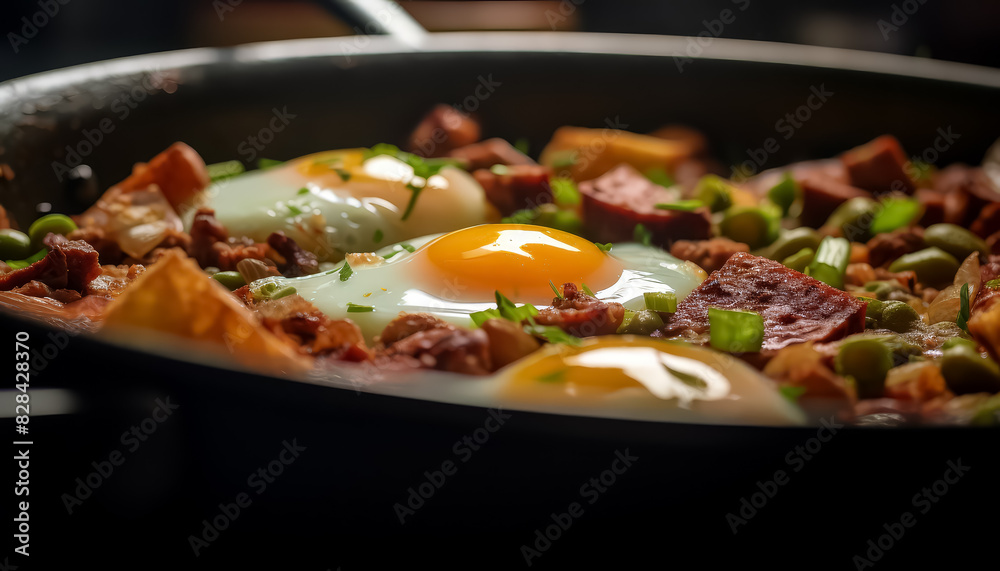 A plate of eggs and bacon with green onions and potatoes