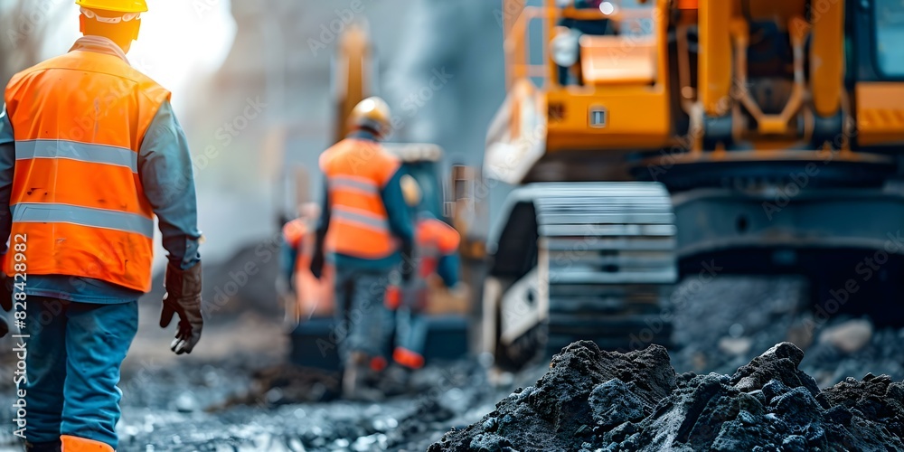 Miners using heavy equipment to extract mineral deposit demonstrating teamwork. Concept Mining, Heavy Equipment, Mineral Extraction, Teamwork, Industrial Operations