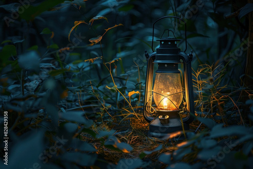 Glowing Lantern in Dark Forest, Mystery and Illumination, Natures Light © Gasi