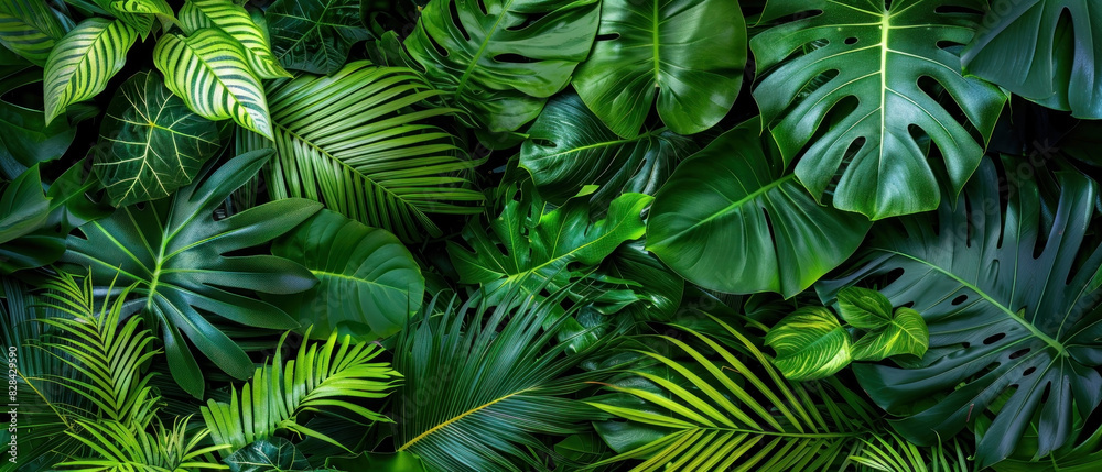 Tropical Greenery Pattern, Exotic Plants in Dense Foliage, Natural Freshness
