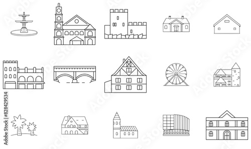 Set Of Linear Buildings And Civilization Icons Web Header Banner Design Containing Civilization,History,Buildings,Stories,House Business Infographic Elements Logo Vector Illustration