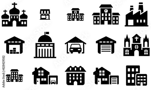 Set Of Building Isolated Silhouette Solid Icons With Home,Store,Real-Estate,City,Building Stroke Icon Collection. Vector Illustration