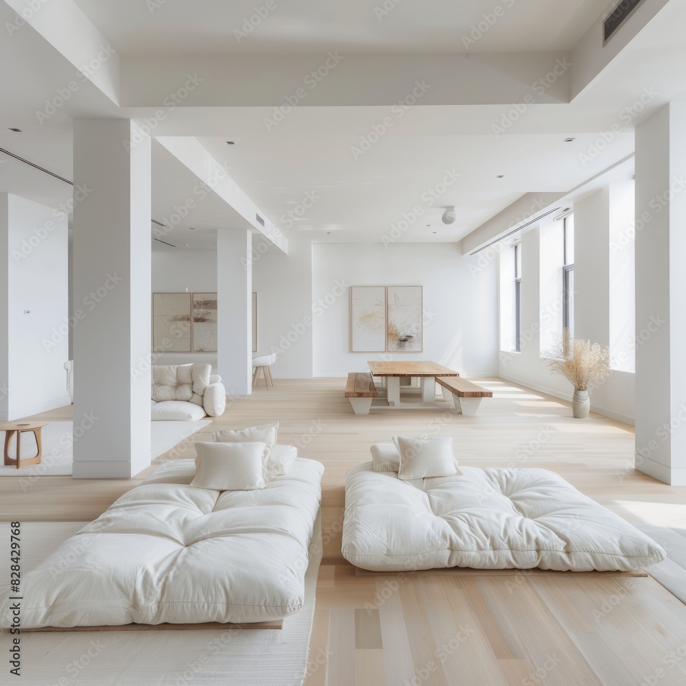Minimalist living room with white walls, a white futon, and an open floor plan that emphasizes space Minimalist living room with white walls, a white futon, and an open floor plan that emphasizes space