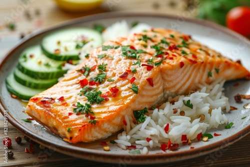 Delicious grilled salmon fillet with rice and vegetables on plate
