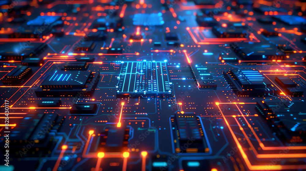 A computer circuit board with orange glowing pathways and blue and gray electronic components.