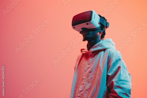 Virtual Reality Experience, Person in VR Headset Navigating Cyberspace © Gasi