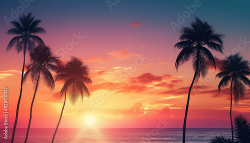 A beautiful sunset over the ocean with palm trees in the background © terra.incognita