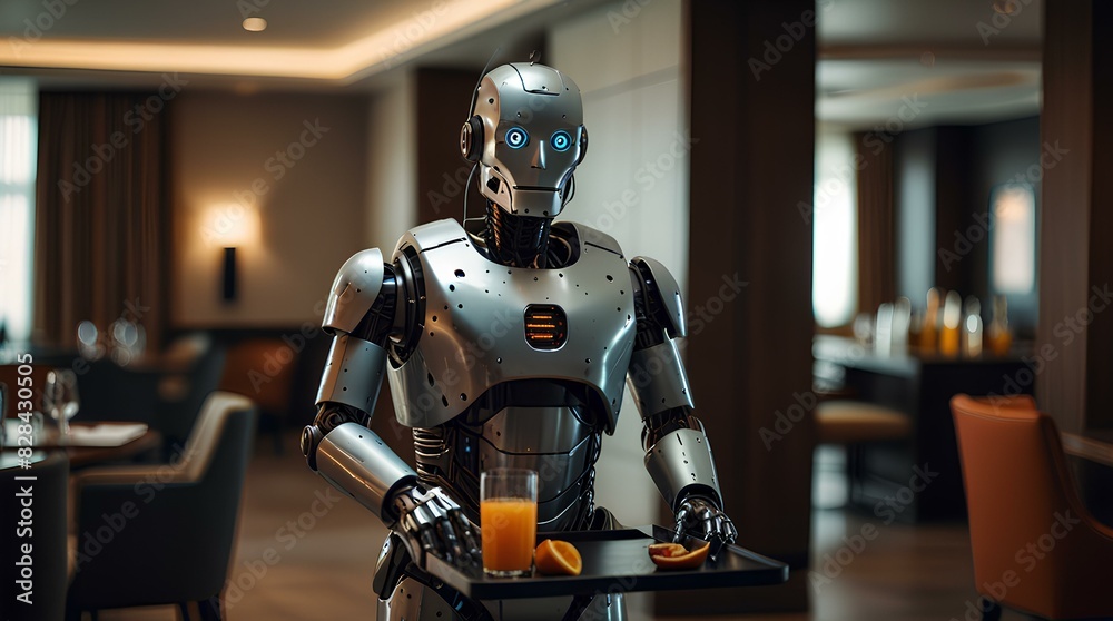 Robot waiter serving a juice on tray in a modern hotel restaurant.