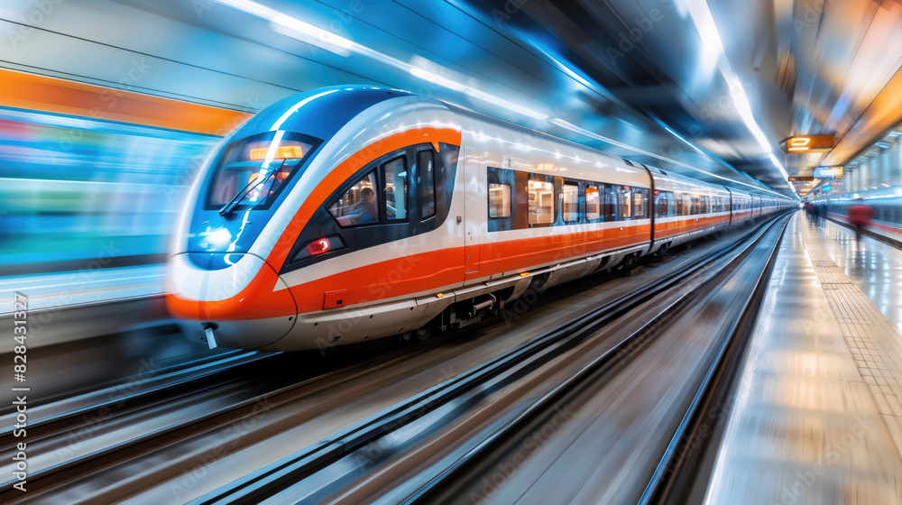 Fototapeta premium High-speed train moving through a station.