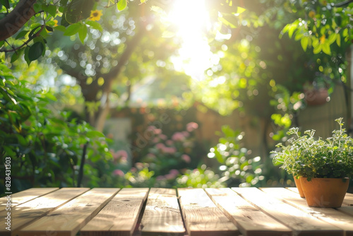 Sunlit Garden Table  Wooden table in sunny garden  Outdoor Dining  Natural Serenity