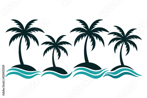 Set of palm tree island and waves, paradise graphics laser citting engraving on white background