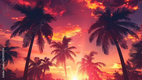 Tropical Sunset  Palm trees against vibrant sunset  Relaxation and Beauty  Exotic Escape