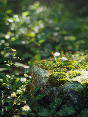 extreme close-up, an flat mossy round stone slab, bright sunlight on it, surrounded by plants and small flowers, spring forest, C4D rendering, green color theme 