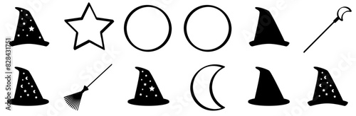Set Of Wizard And Witches Icons Collection Isolated Silhouette Solid Icons Including Witch,Halloween,Wizard-Hat,Wizard,Hat Vector Illustration Linear Pictogram Pack