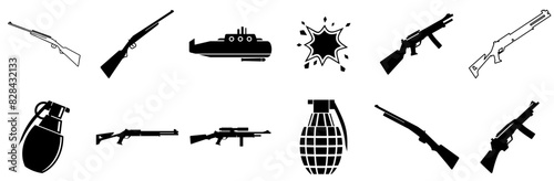 A Collection Of Weapon And War Icons Web Header Banner Design Containing Gun,Military,Rifle,Shotgun,Weapon Business Infographic Elements Logo Vector Illustration