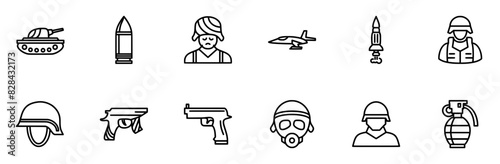 A Collection Of War Icons Collection Isolated Silhouette Solid Icons Including Army,Weapon,Aircraft,Military,Soldier Stroke Icon Collection. Vector Illustration