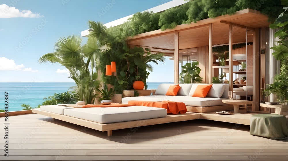 A modern summer beach house made of green plant wood with modern furniture, a generating ai, an orange relaxation room, and a luxurious journey with a tropical view of the ocean. 