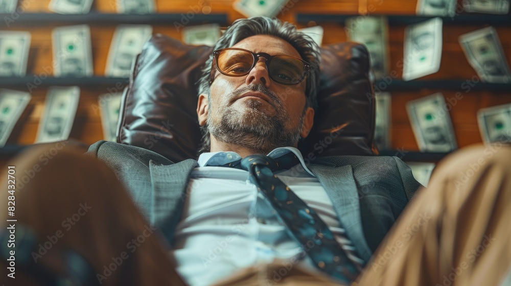 A man is laying down in a chair with a pile of money behind him A man is laying down in a chair with a pile of money behind him