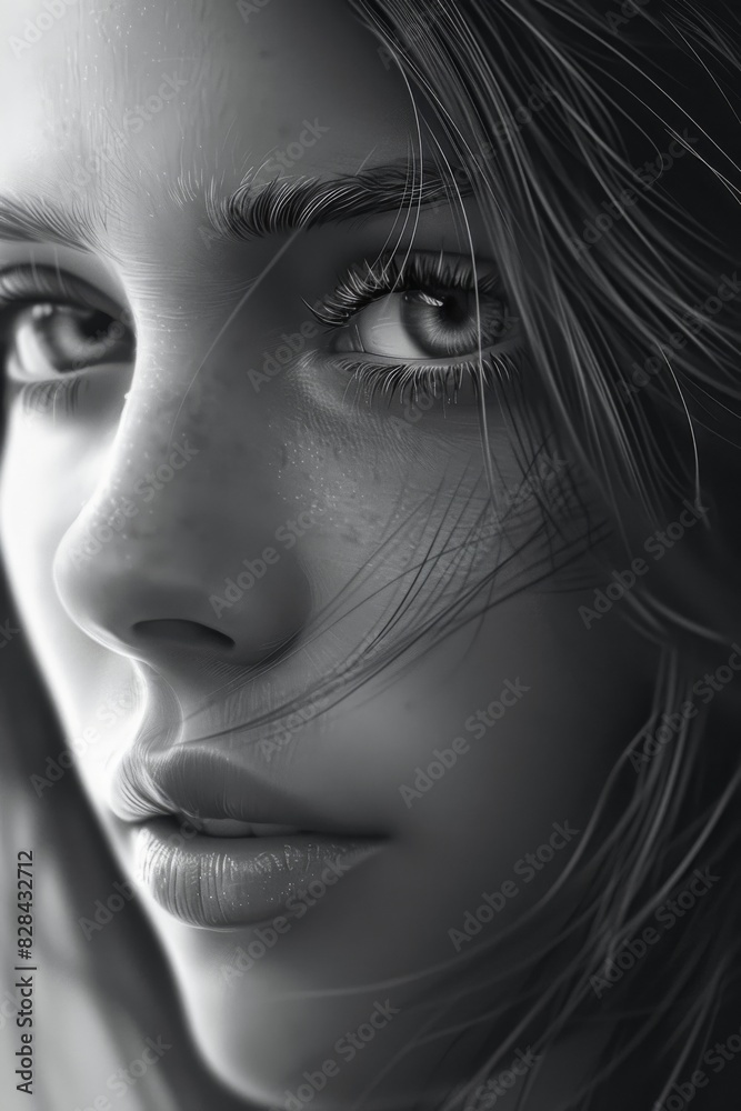 A striking black and white portrait showcasing the beauty of a womans face A striking black and white portrait showcasing the beauty of a womans face