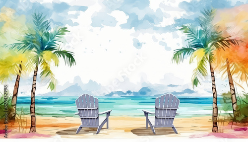 Two beach chairs are sitting on the sand next to palm trees