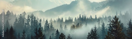 Trees are in the foreground of a mountain range with fog photo