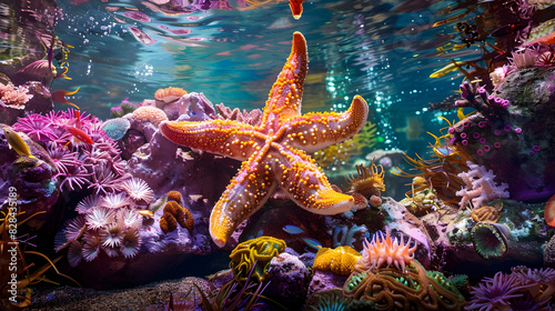 Studio shot of marine life, such as starfish and coral, with light creating reflections and shadows that enhance the vibrant colors and details.