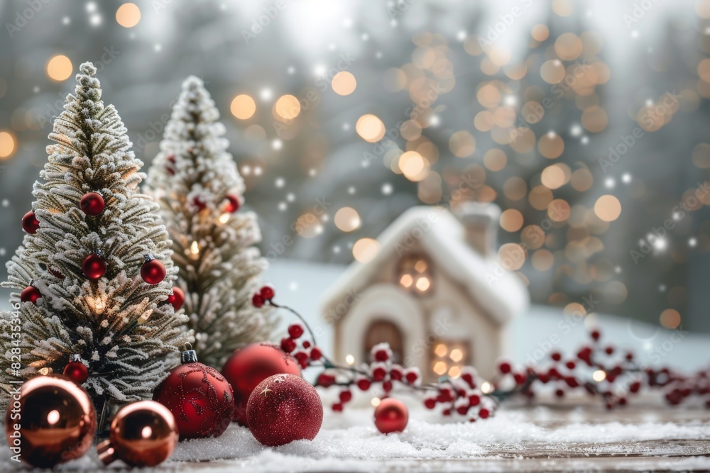 A Christmas scene with a house and two trees. The trees are decorated with red balls and the house is lit up. Scene is festive and joyful A Christmas scene with a house and two trees. The trees are decorated with red balls and the house is lit up. Scene is festive and joyful