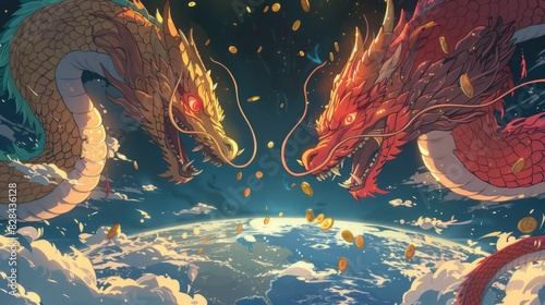 Two dragons fighting in the sky with clouds