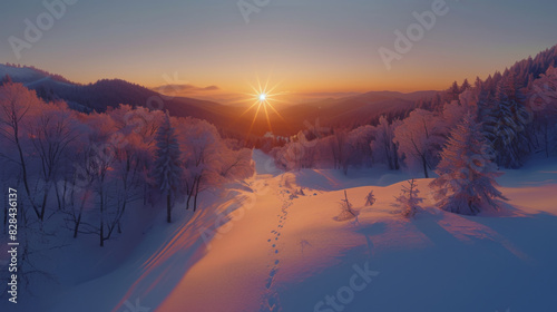 a snowbound horizon at sunrise, in the style of inspired by folklore, slovenian paintings, cabincore, aerial photography, uhd image, national geographic photo, samyang 14mm f/2.8 if ed umc aspherical  photo