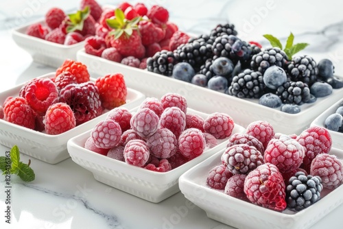 Variety of berries in bowls on table