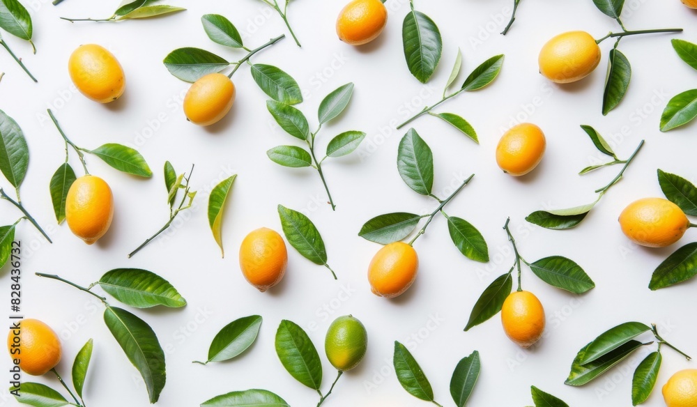 Fresh citrus pattern with oranges and green leaves on white background Fresh citrus pattern with oranges and green leaves on white background