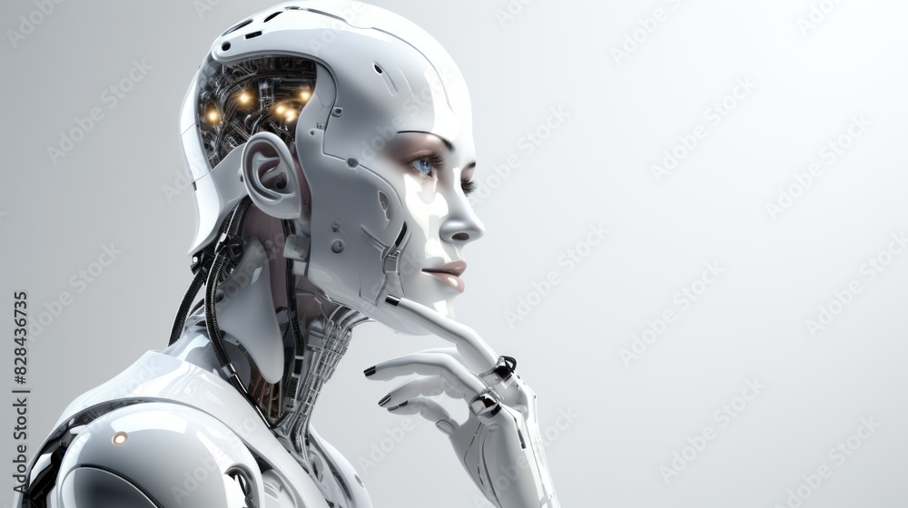 Naklejka premium Female robot contemplating with hand on chin