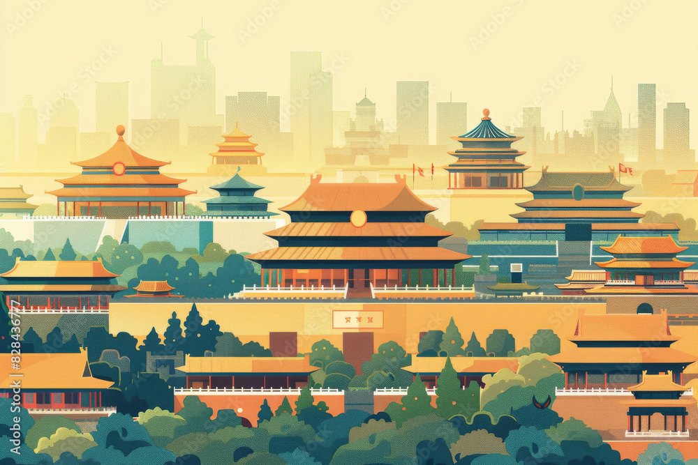 A flat illustration of Beijing's cityscape, with the Forbidden City in front and various traditional Chinese buildings scattered throughout it. The background is light yellow and green, with blue tone