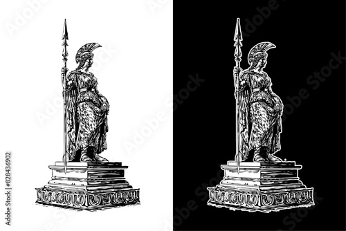 athena goddess of battle strategy, hand drawn woodcut engraving style vintage antique vector illustration 