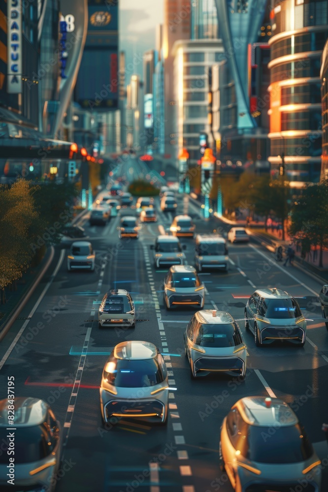 A bustling city street filled with heavy traffic. Ideal for urban transportation concepts A bustling city street filled with heavy traffic. Ideal for urban transportation concepts