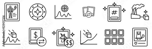 Set Of Non Fungible Token And Collectibles Nft Isolated Silhouette Solid Icons With Currency,Line,Digital-Asset,Blockchain,Market Stroke Icon Collection. Vector Illustration