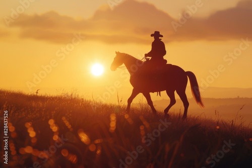 A person riding a horse in a field at sunset. Perfect for outdoor and equestrian themed designs © Fotograf