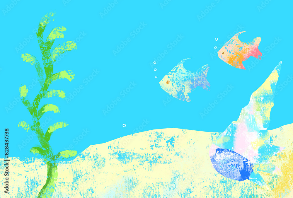 Obraz premium 海の魚 貝殻 夏イラスト 背景