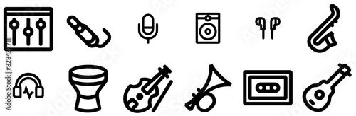 A Collection Of Music Flatline Isolated Silhouette Solid Icons With Sound,Instrument,Wireless,Music,Musical-Instrument Vector Illustration Linear Pictogram Pack