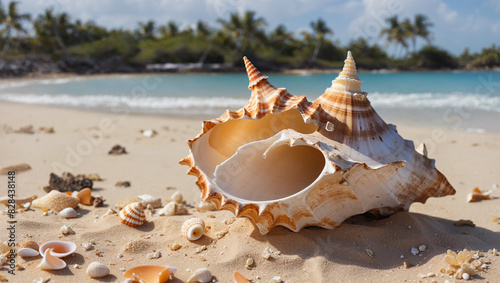 A large conch shell sits on the sand near the ocean.

 photo