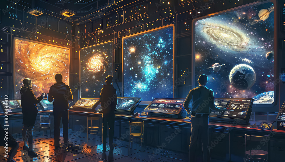 A group of people are looking at a display of planets in a room with a blue