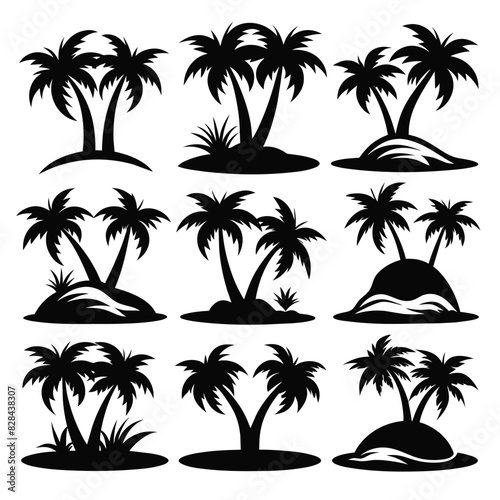 Set of palm tree island icon black vector on white background