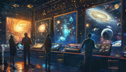 A group of people are looking at a display of planets in a room with a blue