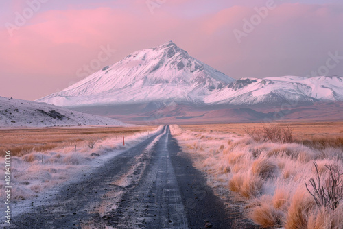 a road leading to a snow covered mountain, in the style of maori art, landscape photography, light pink and dark orange, captivating documentary photos, warmcore, spectacular backdrops, voigtlander be photo