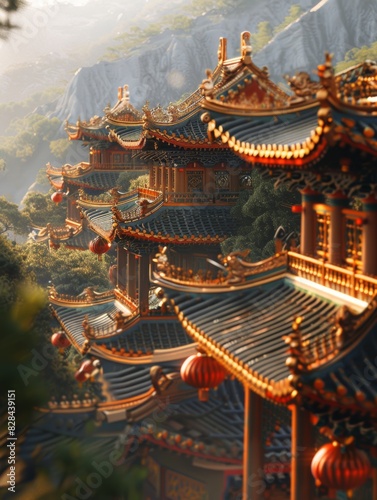 A row of buildings with red roofs and blue tiles. The buildings are adorned with gold accents  giving them a sense of grandeur and elegance. The scene evokes a feeling of tranquility and serenity