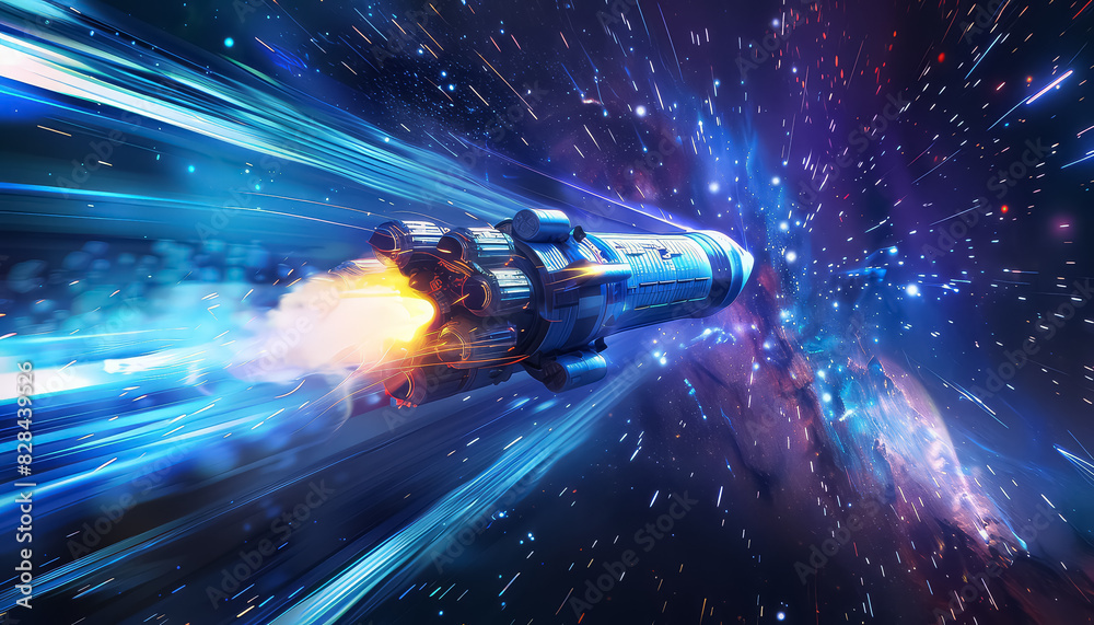 A spaceship is flying through space with a bright blue trail behind it